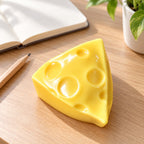 Crunchy Cheese Wedge Squishy, Handmade, on a desk with a notebook and pencil
