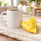 Crunchy Cheese Wedge Squishy, Handmade, next to a coffee mug for size comparison