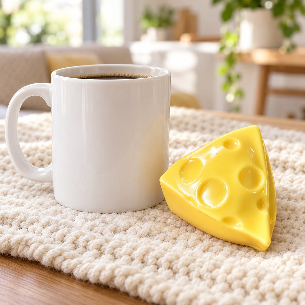 Crunchy Cheese Wedge Squishy, Handmade, next to a coffee mug for size comparison