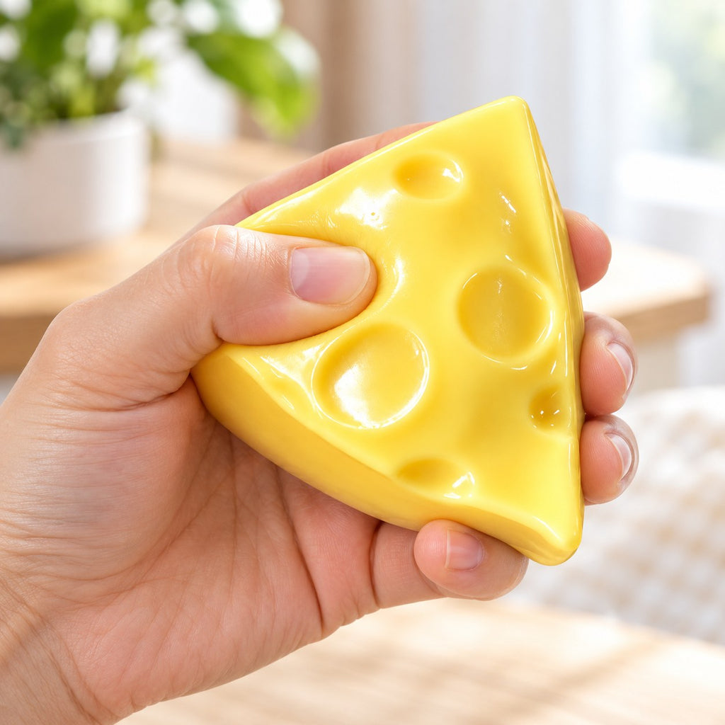 Crunchy Cheese Wedge Squishy, Handmade, being squeezed by hand, soft and squishy