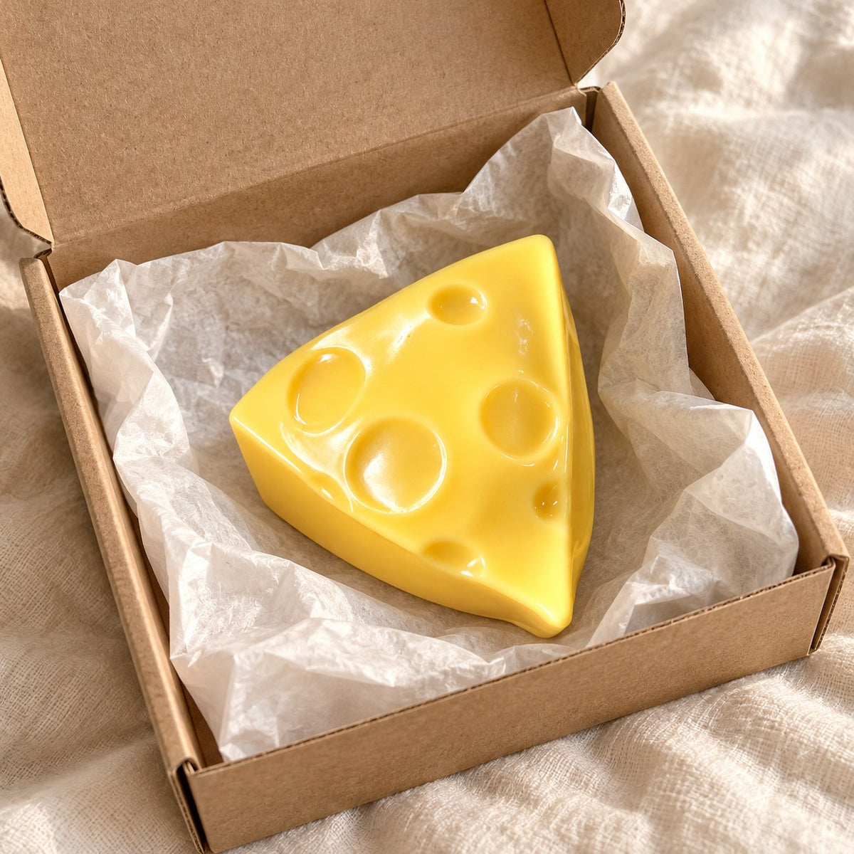 Käse squishy taba, frisch ausgepackt aus dem Paket mit Seidenpapier