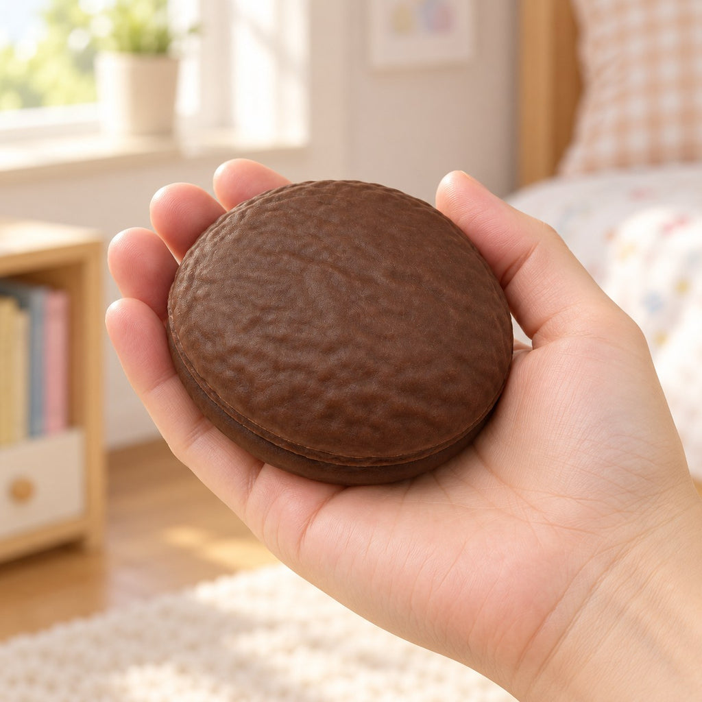 Crunchy Chocolate Cake Squishy, Handmade (Coffee chocolate), held in a hand to show the real size
