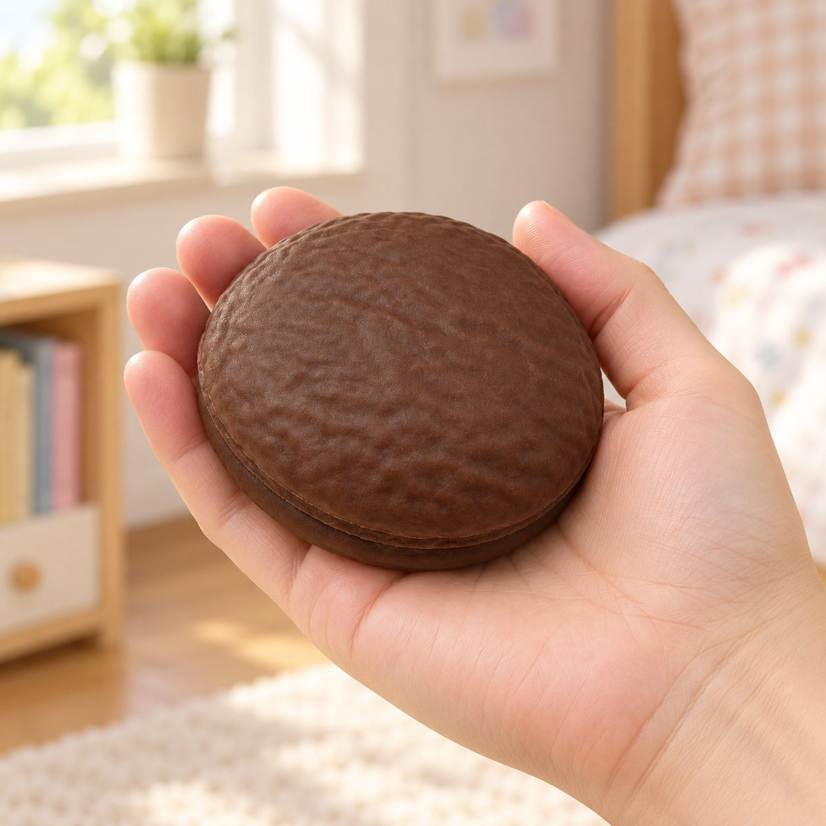 Crunchy Chocolate Cake Squishy, Handmade (Coffee chocolate), held in a hand to show the real size