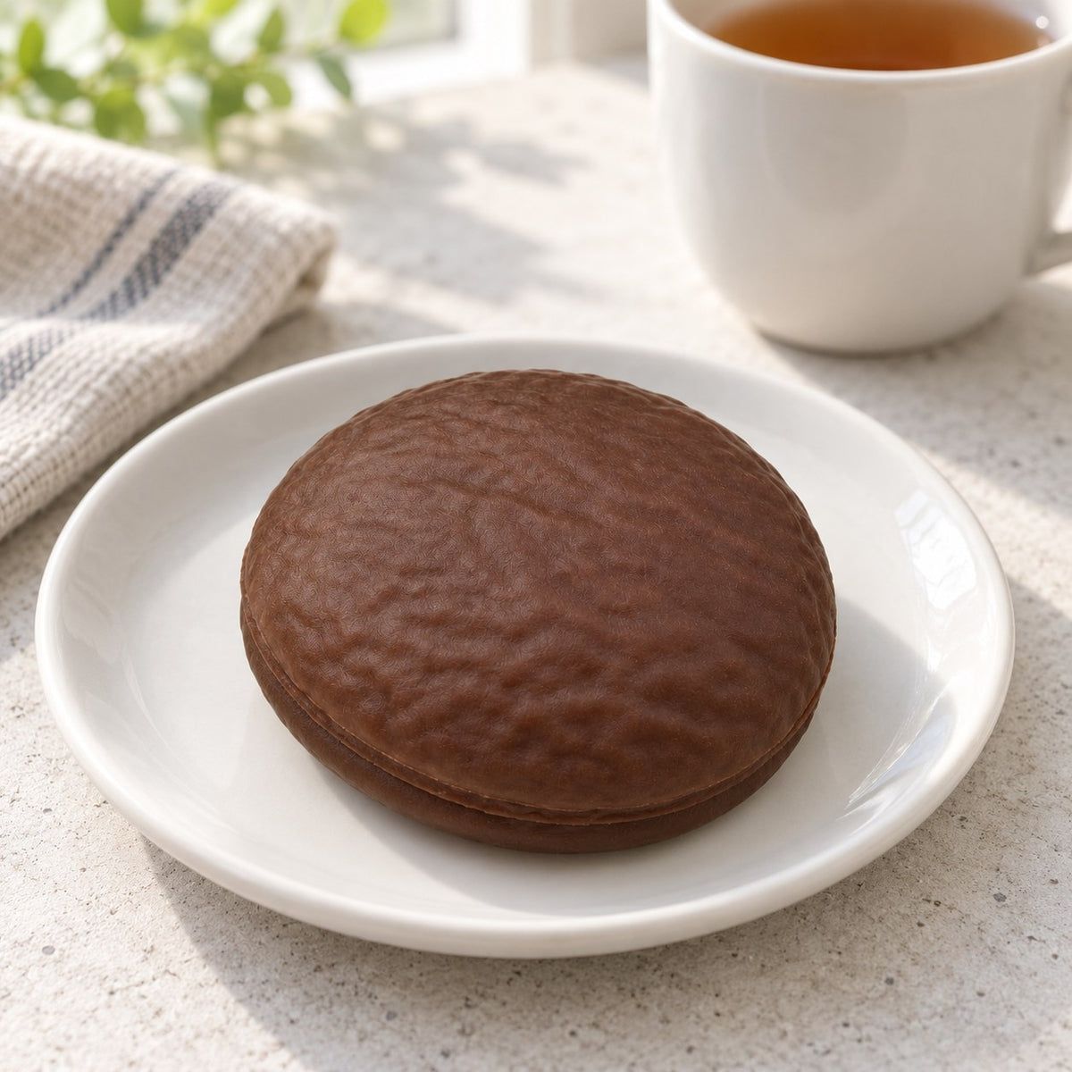 Crunchy Chocolate Cake Squishy, Handmade (Coffee chocolate), on a plate on a breakfast table