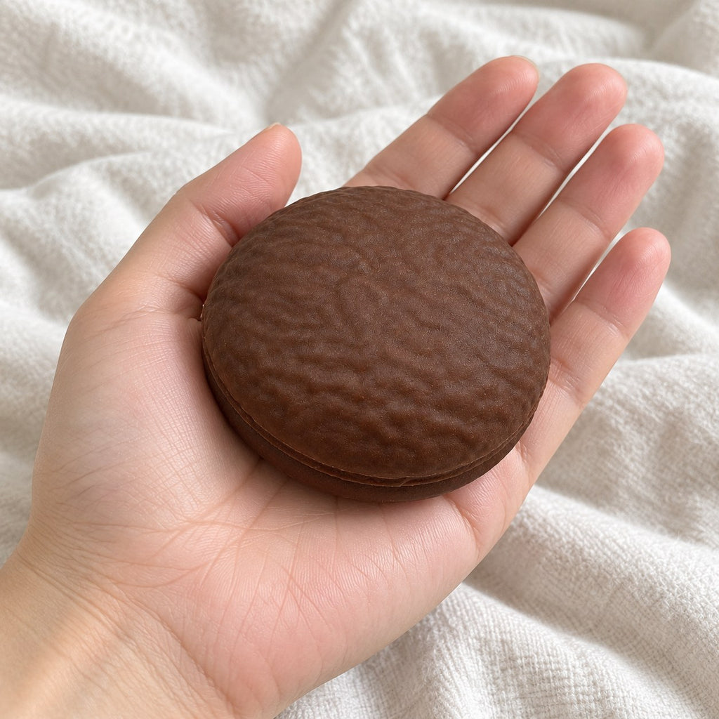 Chocolate cake squishy crunchy (Coffee chocolate), held toward the camera, first-person view