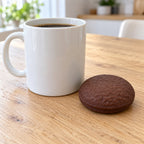 Crunchy Chocolate Cake Squishy, Handmade (Coffee chocolate), next to a coffee mug for size comparison