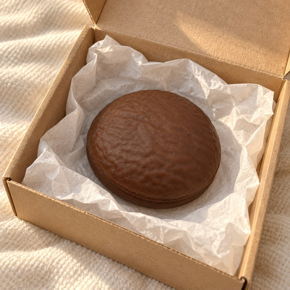Chocolate cake squishy (Coffee chocolate), unboxed from a parcel with tissue paper
