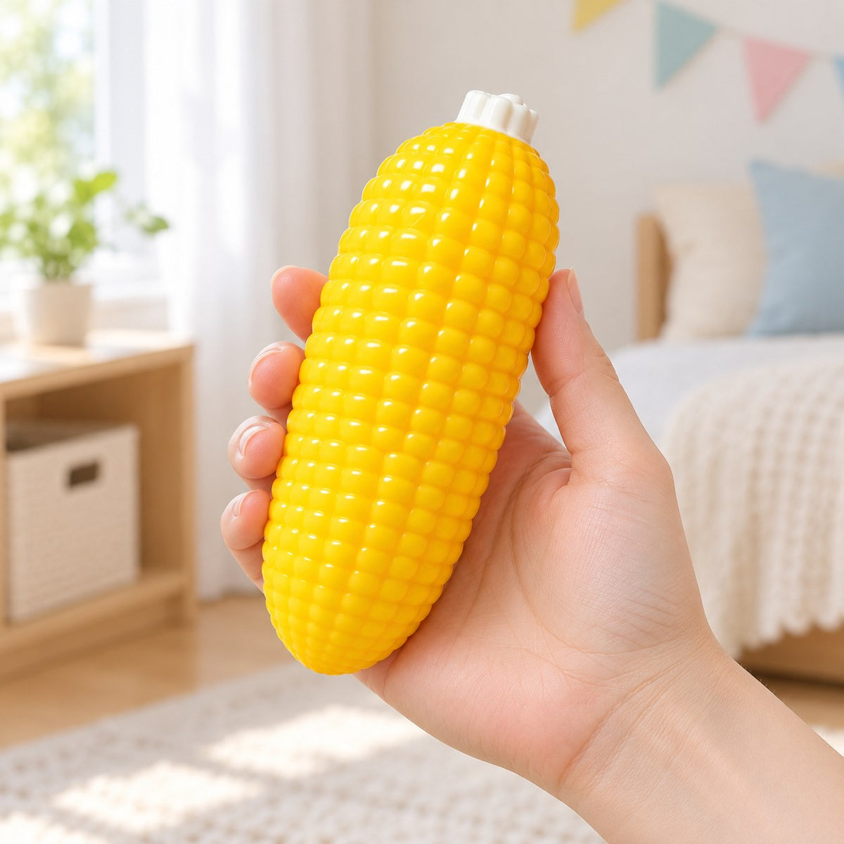 Corn on the cob squishy, held in a hand to show the real size