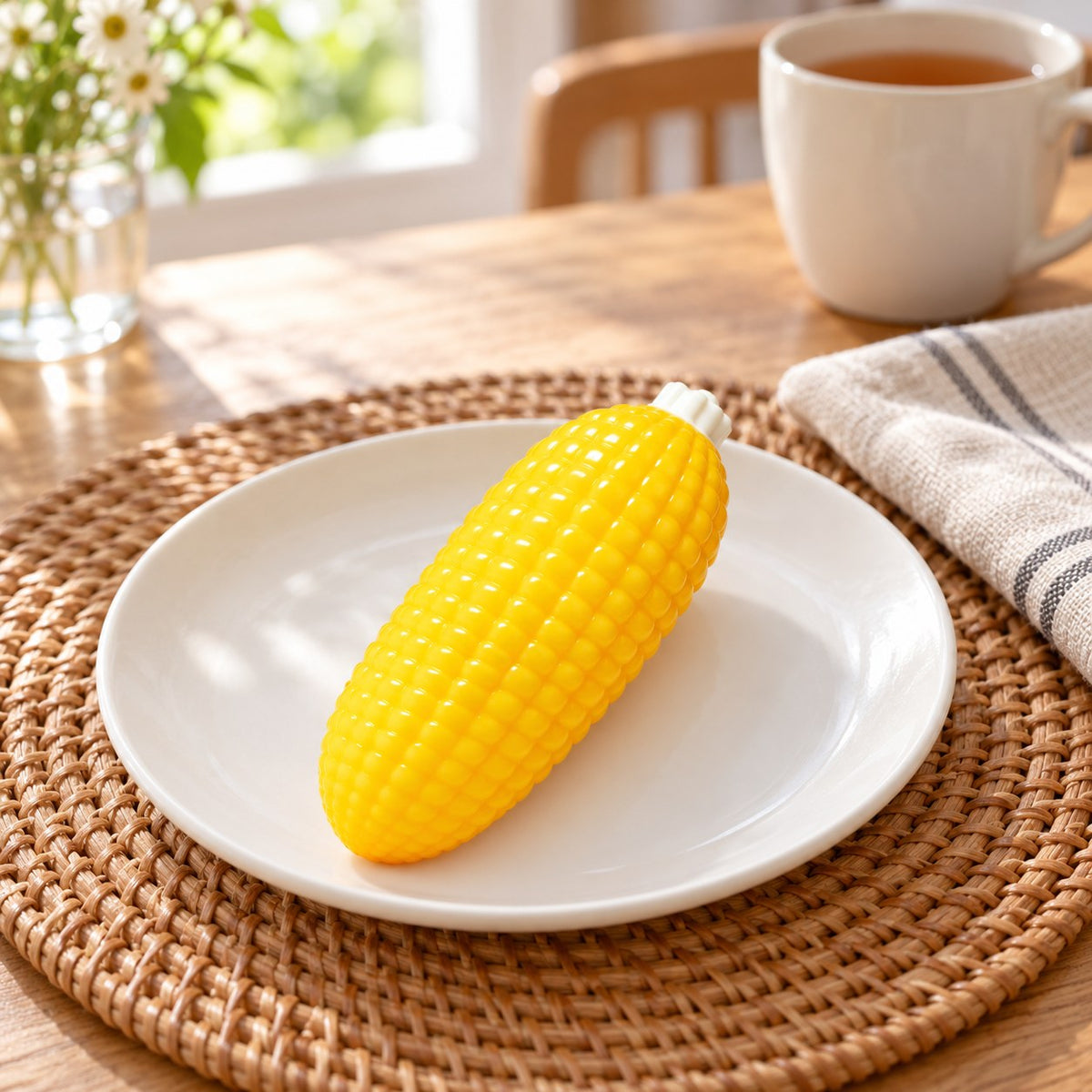 Corn squishy, on a plate on a breakfast table