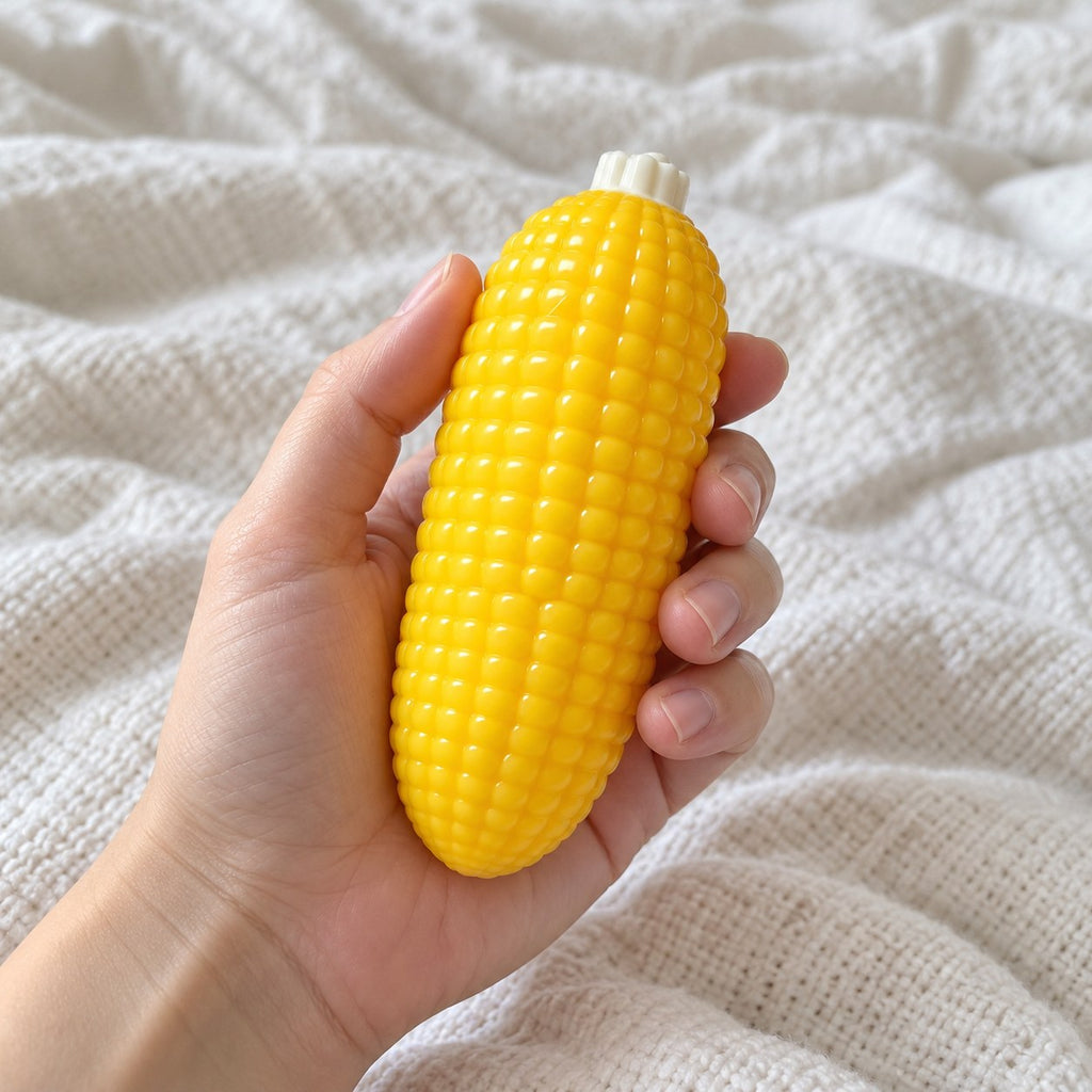 Corn on the cob squishy, held toward the camera, first-person view
