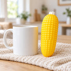 Corn squishy crunchy, next to a coffee mug for size comparison