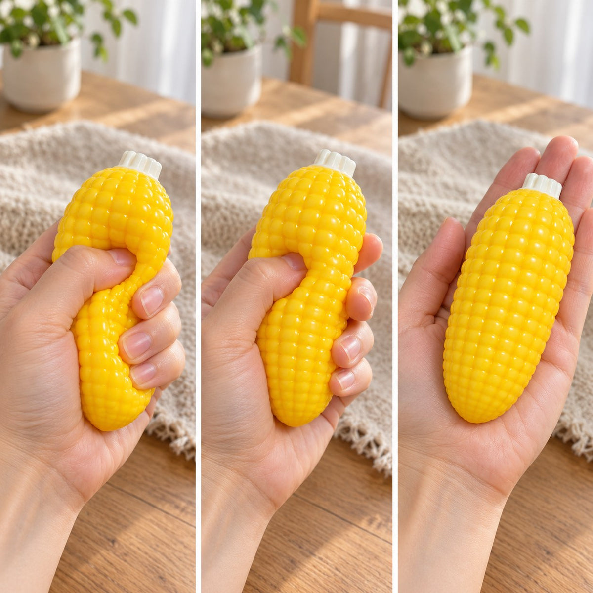 Corn squishy crunchy, squished flat, half risen and fully back in shape