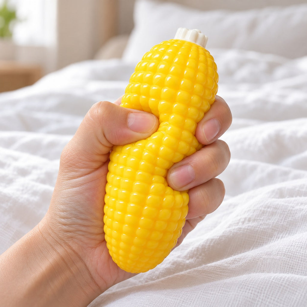 Corn squishy crunchy, being squeezed by hand, soft and squishy