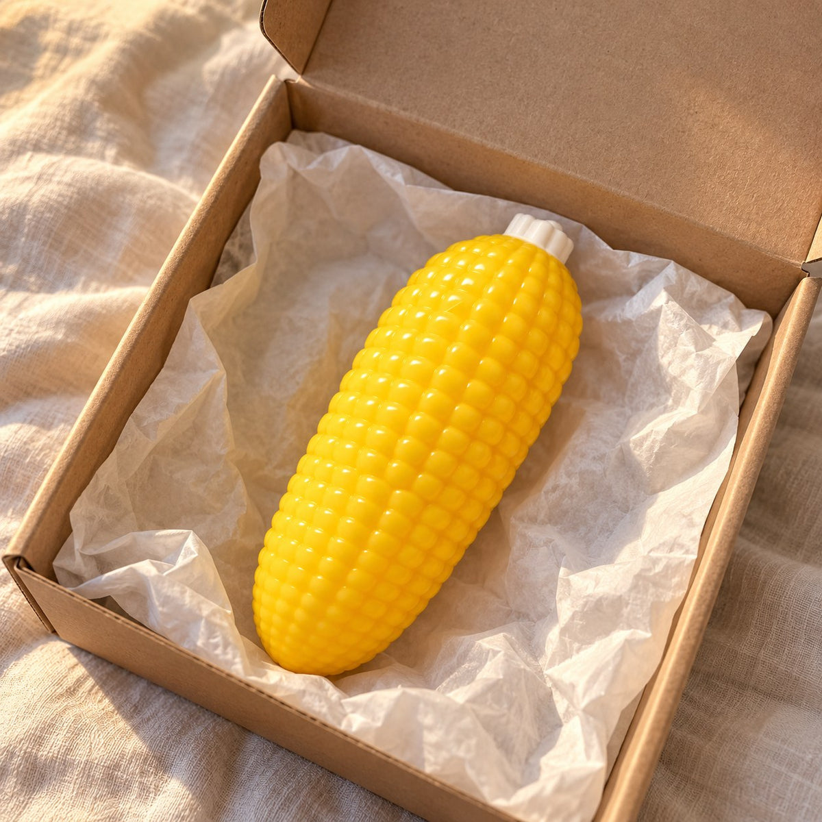 Corn on the cob squishy, unboxed from a parcel with tissue paper