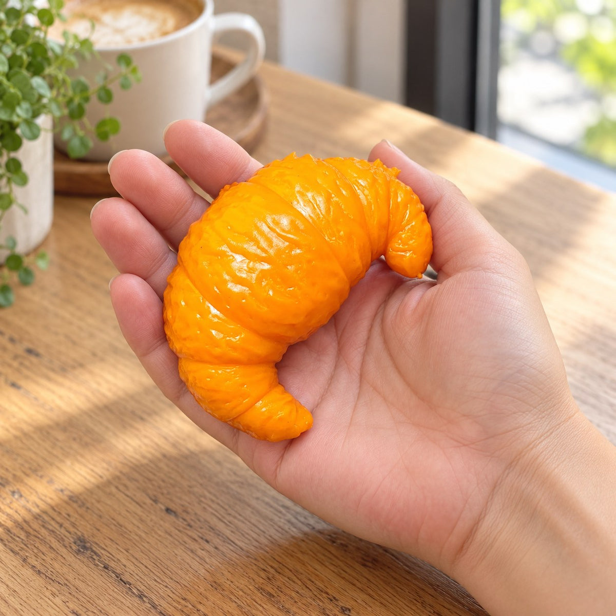 Crunchy Croissant Squishy, Handmade, held in a hand to show the real size