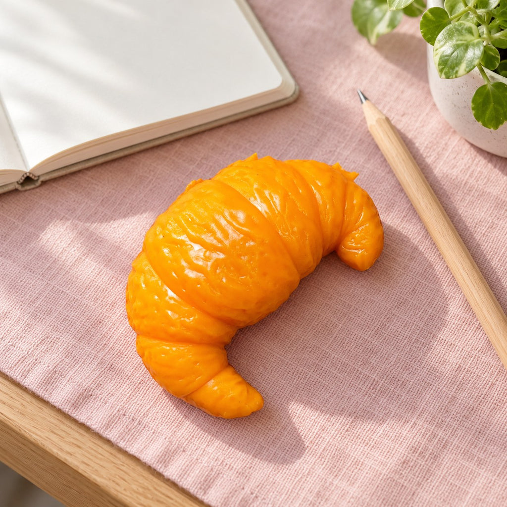 Croissant squishy taba, on a desk with a notebook and pencil