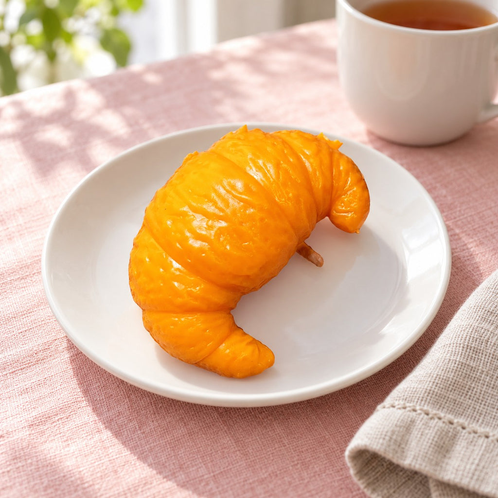 Crunchy Croissant Squishy, Handmade, on a plate on a breakfast table
