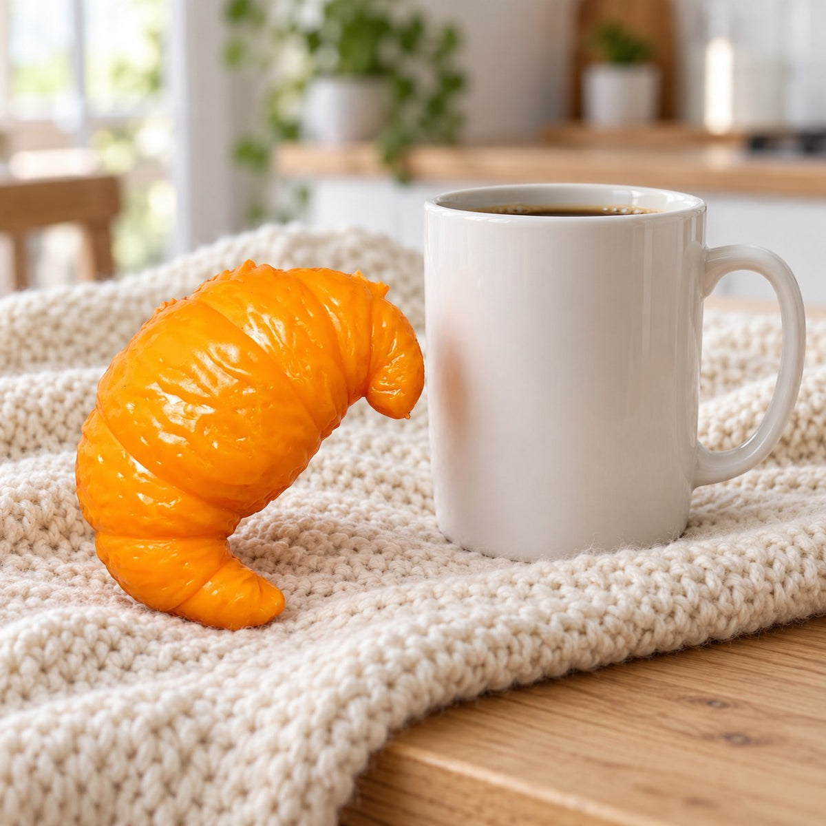 Crunchy Croissant Squishy, Handmade, next to a coffee mug for size comparison