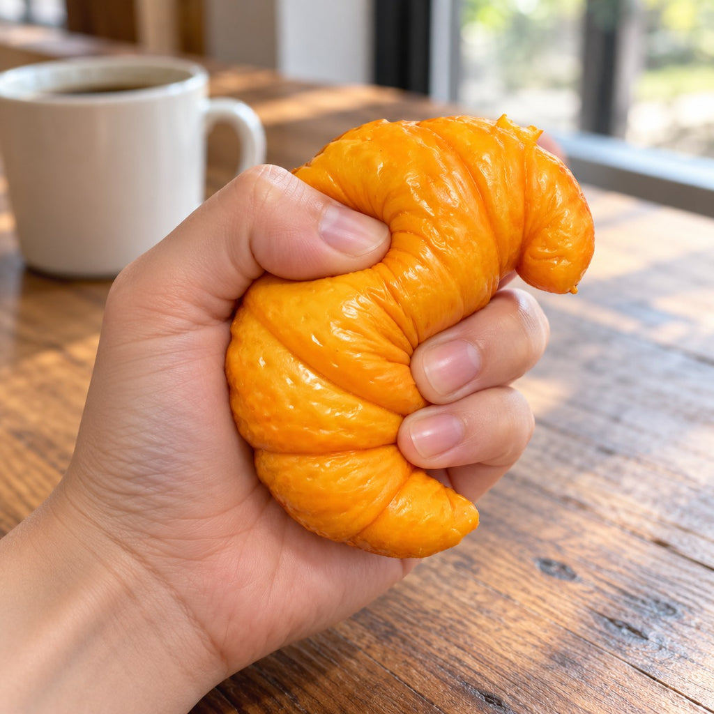 Crunchy Croissant Squishy, Handmade, being squeezed by hand, soft and squishy