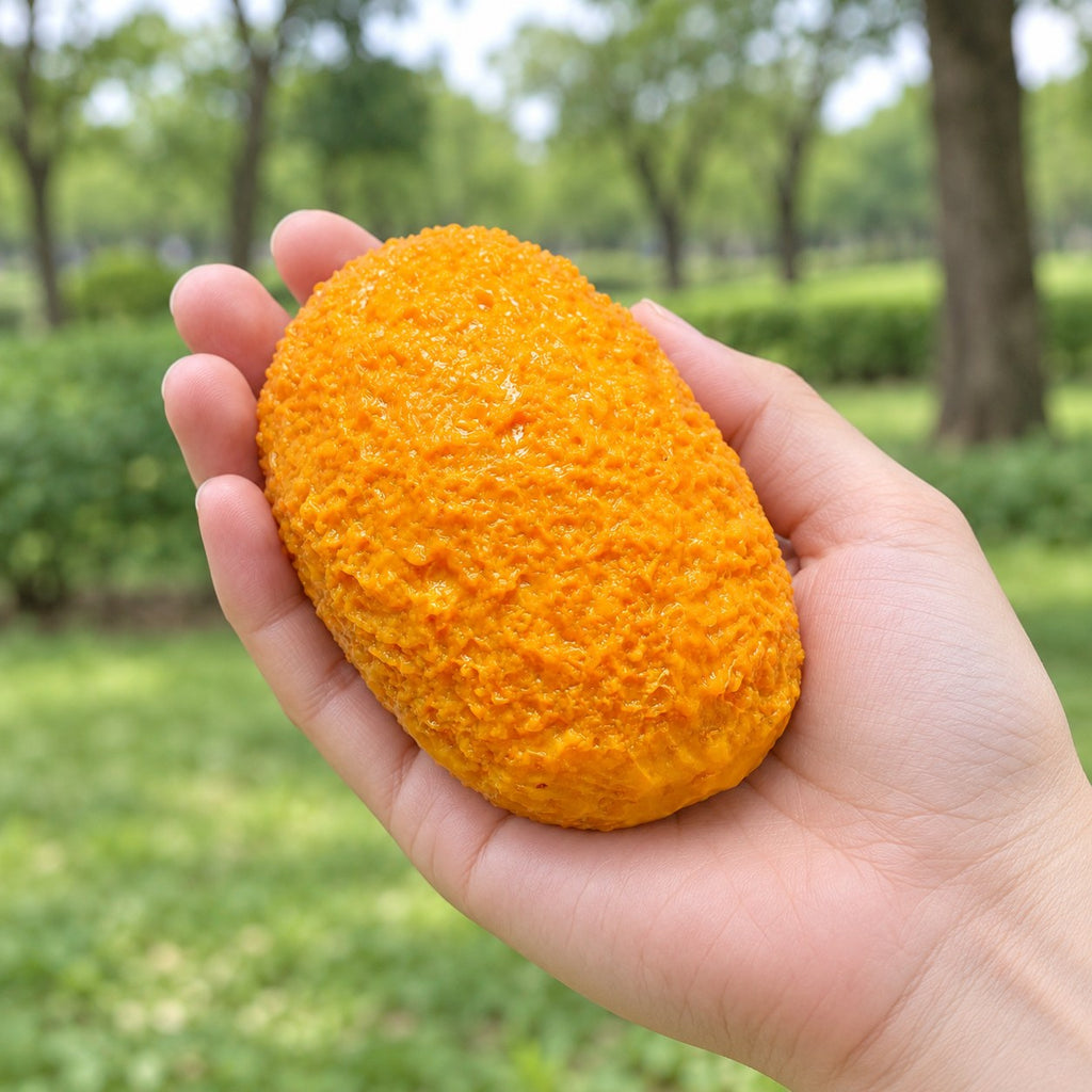 Crunchy Croquette Squishy, Handmade, held in a hand to show the real size