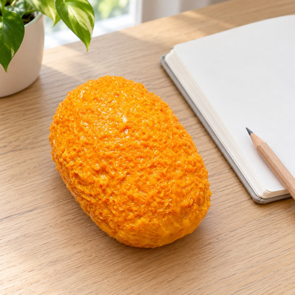 Croquette squishy crunchy, on a desk with a notebook and pencil