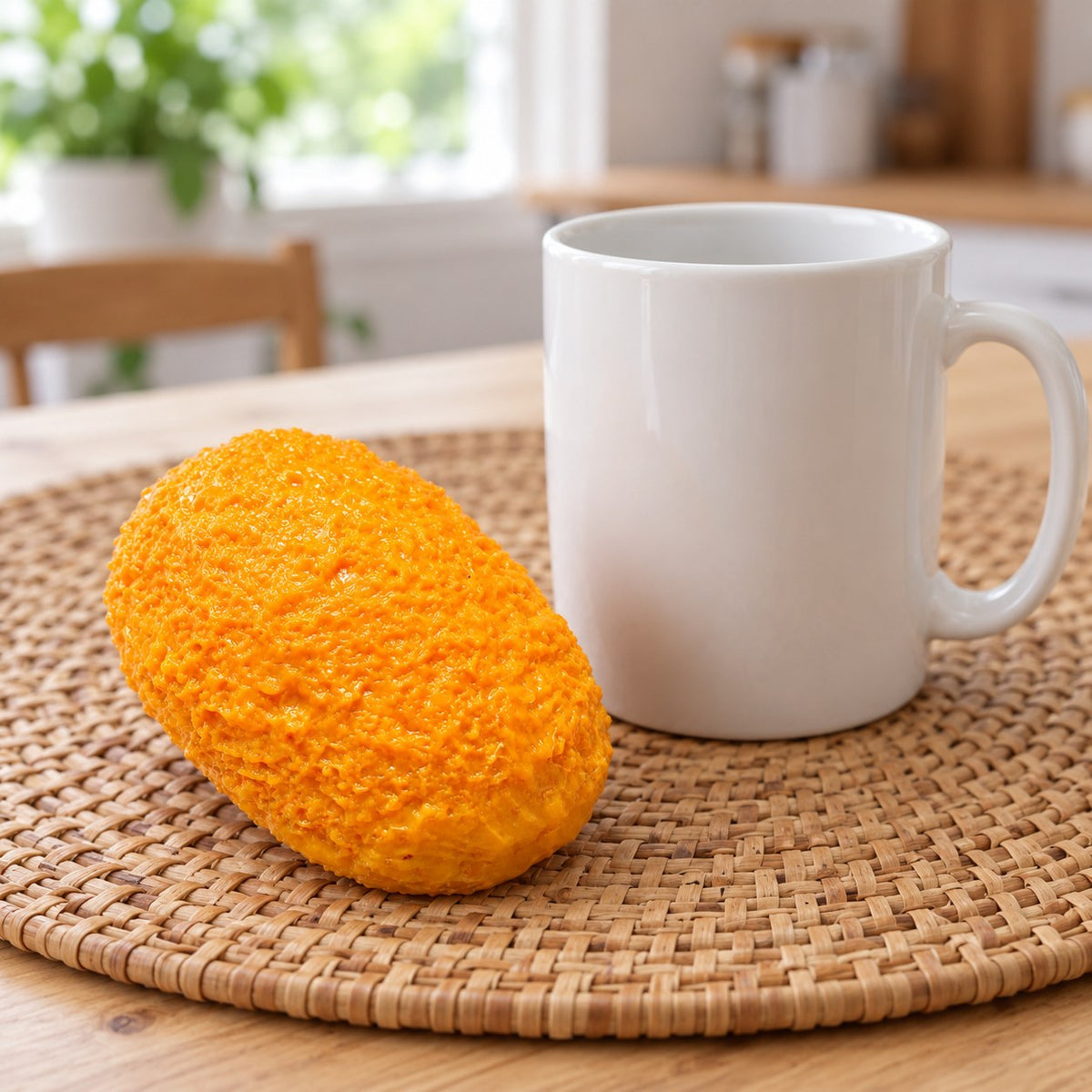 Crunchy Croquette Squishy, Handmade, next to a coffee mug for size comparison