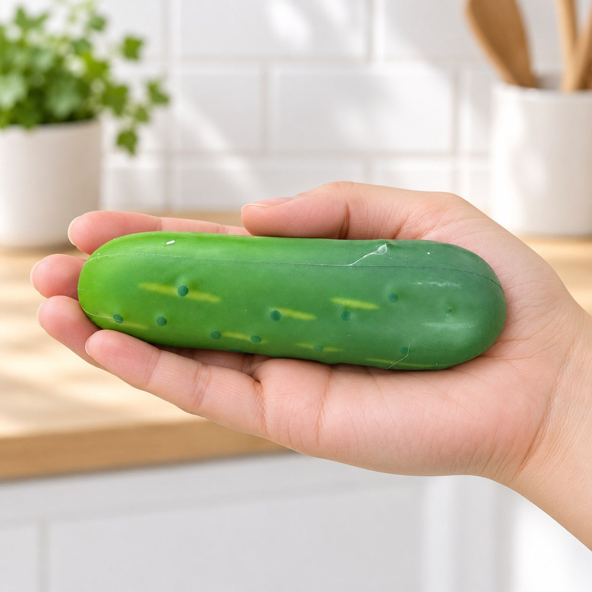 Crunchy Cucumber Squishy, Crispy PU Vegetable, held in a hand to show the real size