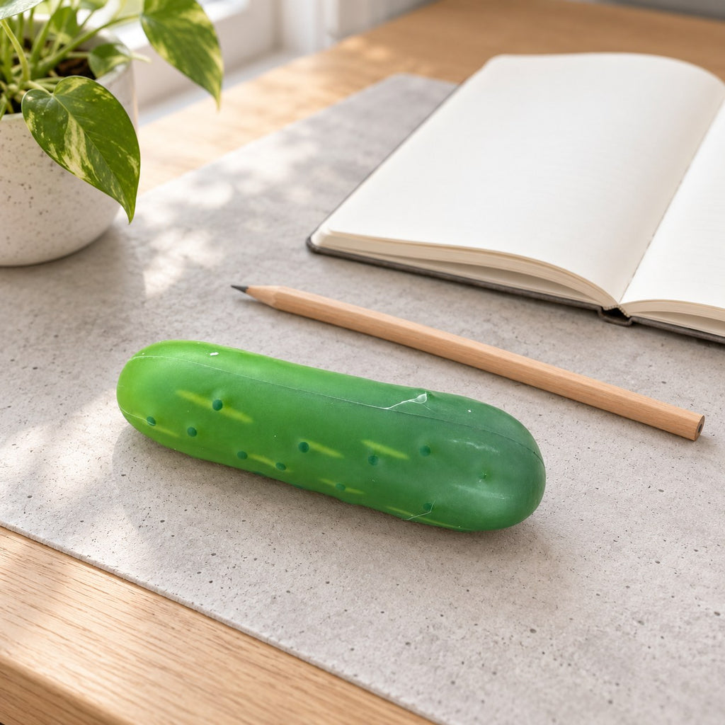 Crunchy Cucumber Squishy, Crispy PU Vegetable, on a desk with a notebook and pencil