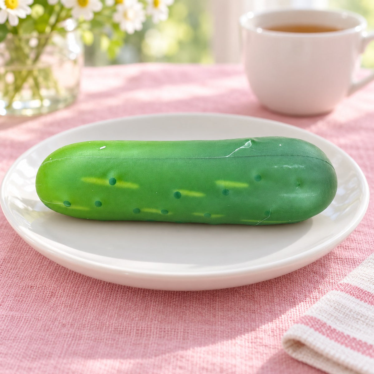 Crunchy Cucumber Squishy, Crispy PU Vegetable, on a plate on a breakfast table