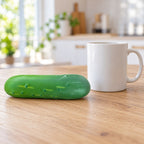 Crunchy Cucumber Squishy, Crispy PU Vegetable, next to a coffee mug for size comparison