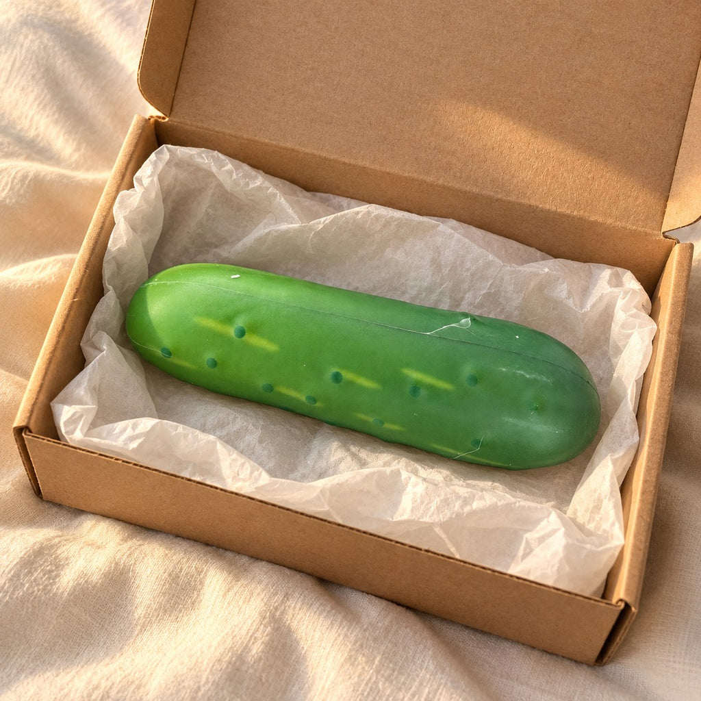Crunchy Cucumber Squishy, Crispy PU Vegetable, unboxed from a parcel with tissue paper