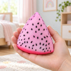 Crunchy Dragon Fruit Squishy, Changes Color in Sunlight, held in a hand to show the real size