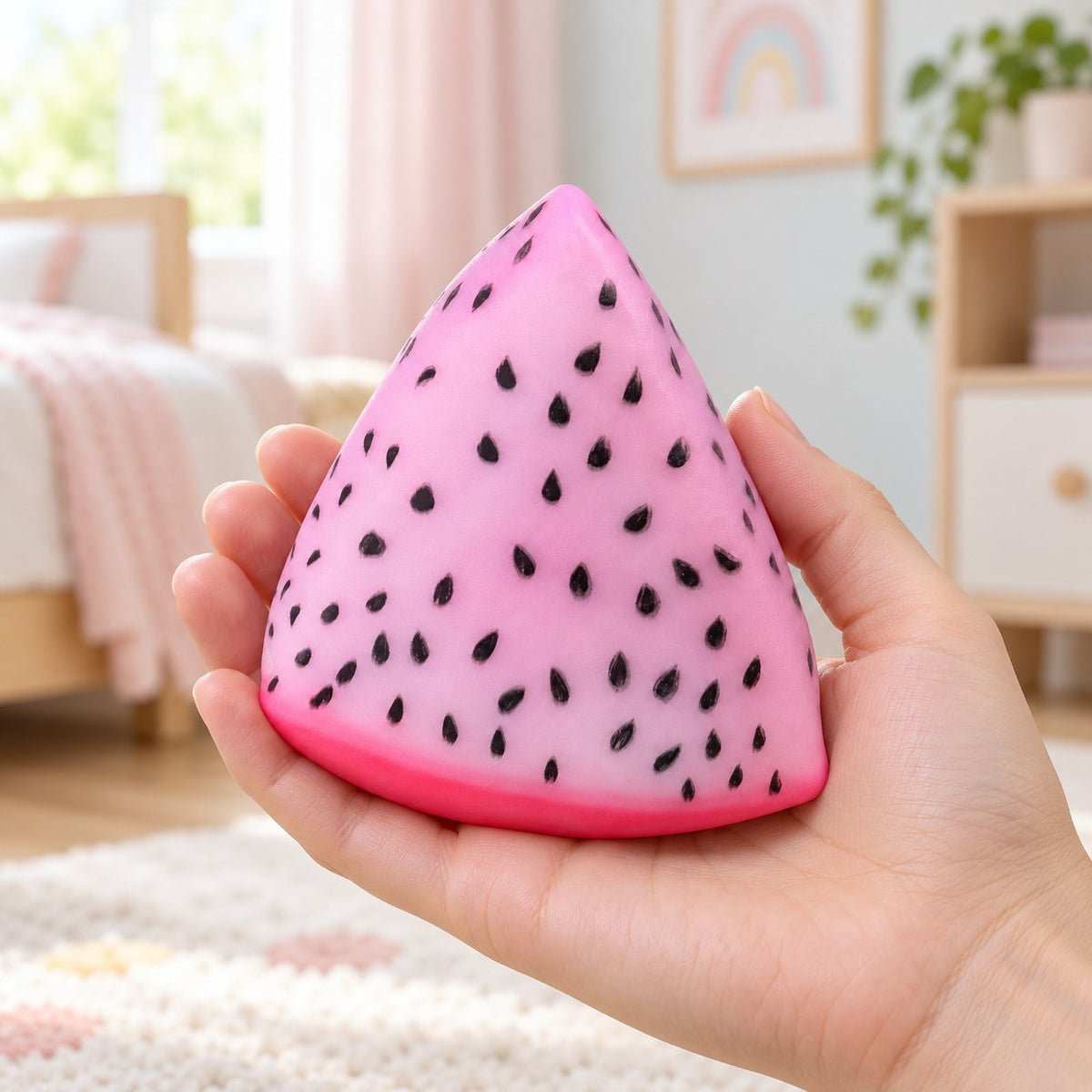 Crunchy Dragon Fruit Squishy, Changes Color in Sunlight, held in a hand to show the real size
