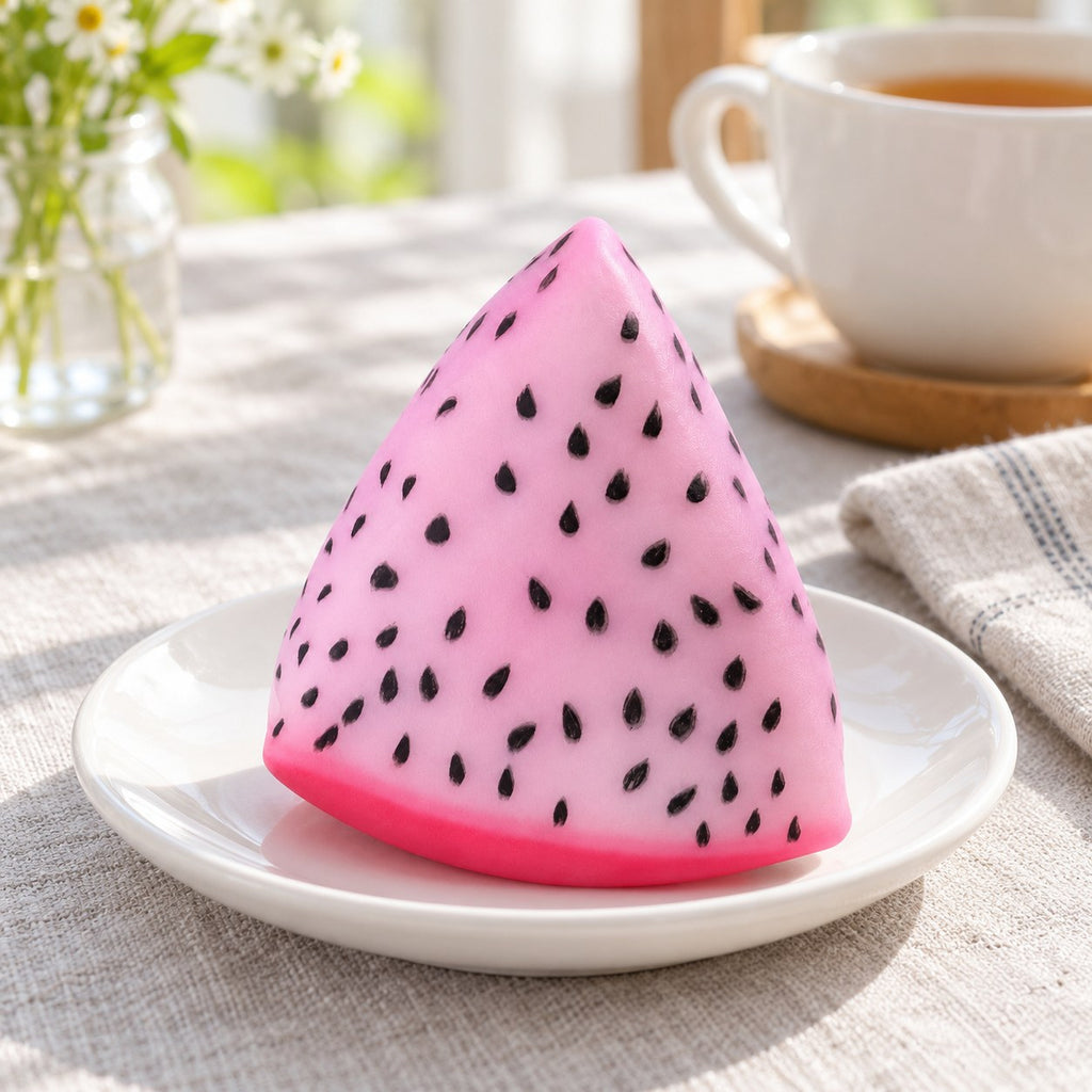 Crunchy Dragon Fruit Squishy, Changes Color in Sunlight, on a plate on a breakfast table