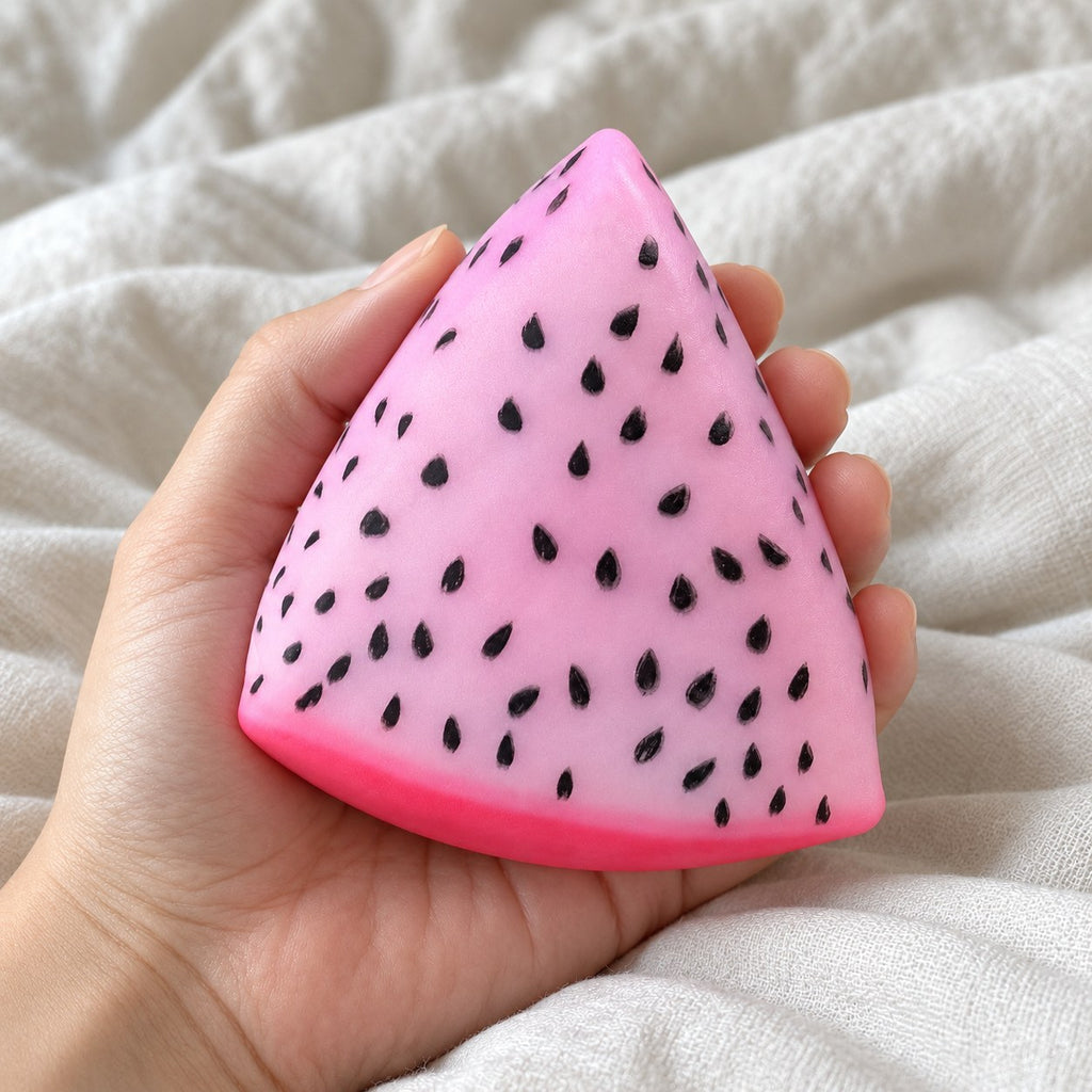 Crunchy Dragon Fruit Squishy, Changes Color in Sunlight, held toward the camera, first-person view