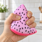 Dragon fruit squishy crunchy, being squeezed by hand, soft and squishy
