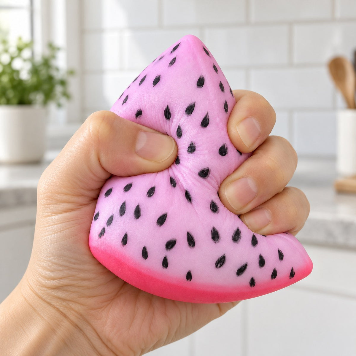 Dragon fruit squishy crunchy, being squeezed by hand, soft and squishy