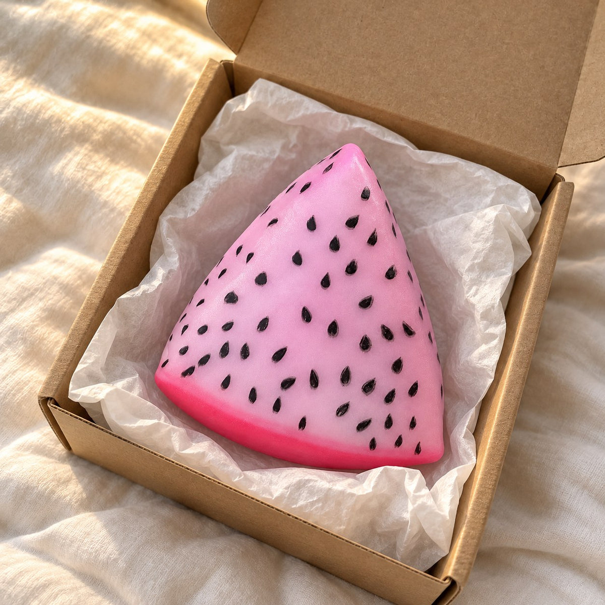 Crunchy Dragon Fruit Squishy, Changes Color in Sunlight, unboxed from a parcel with tissue paper