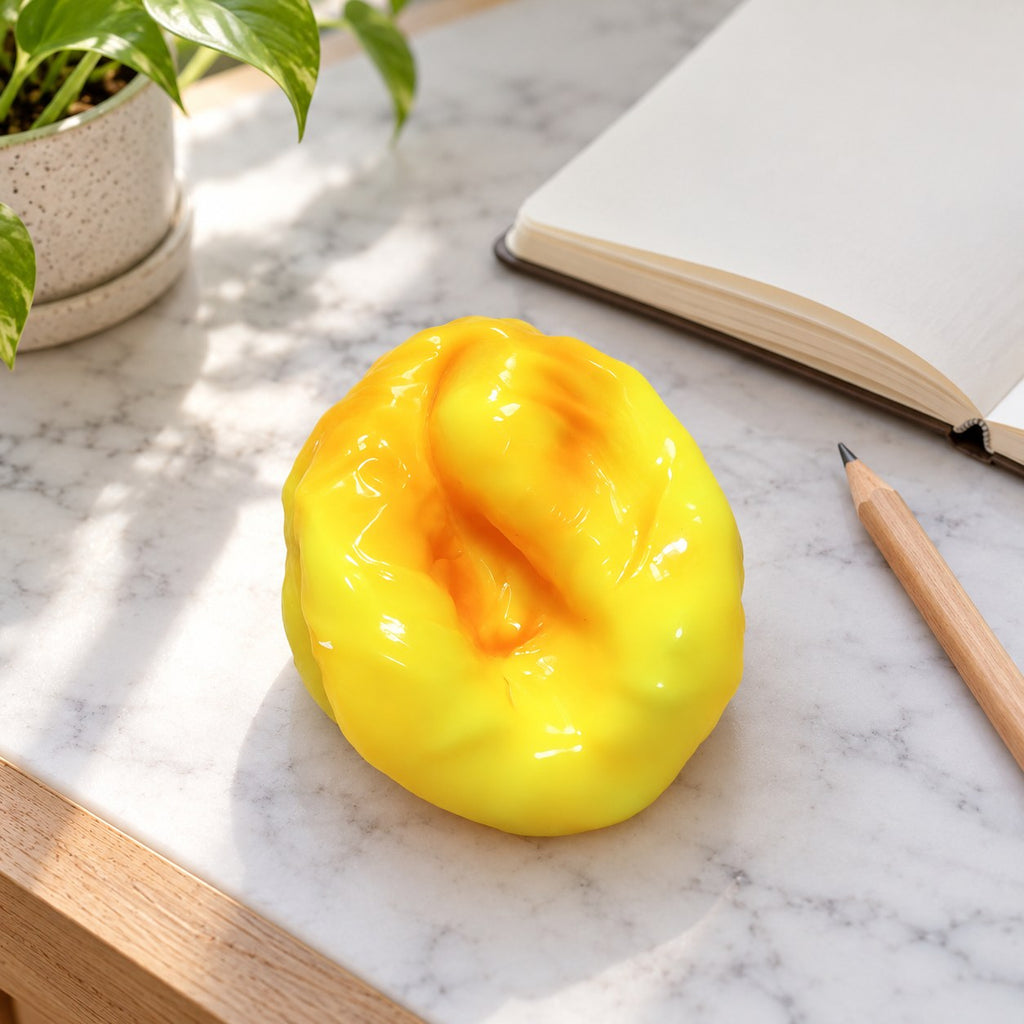 Fried dough squishy, on a desk with a notebook and pencil