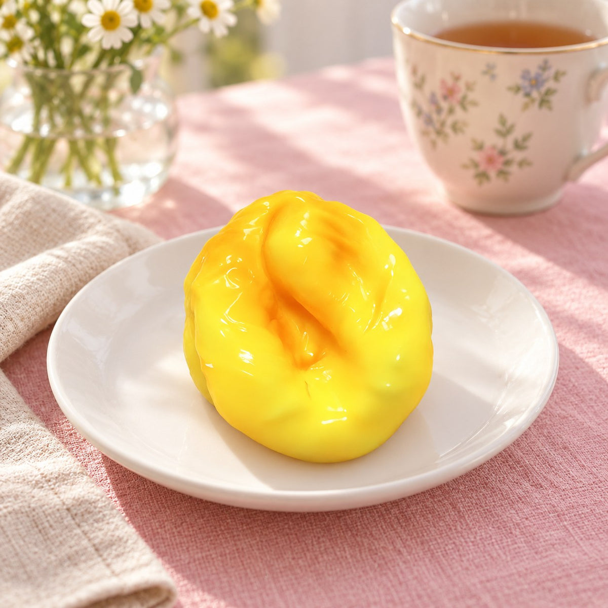 Fried dough squishy, on a plate on a breakfast table