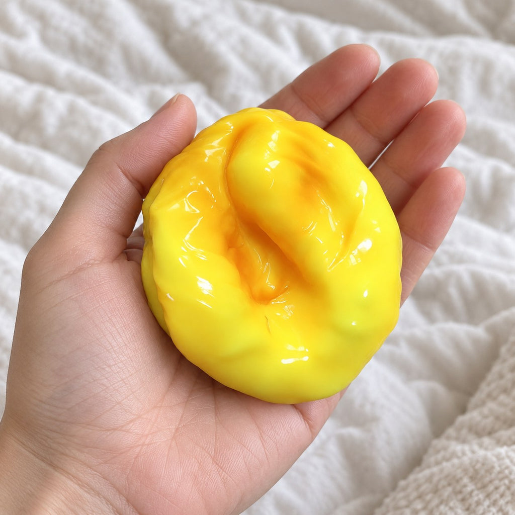 Fried dough squishy, held toward the camera, first-person view