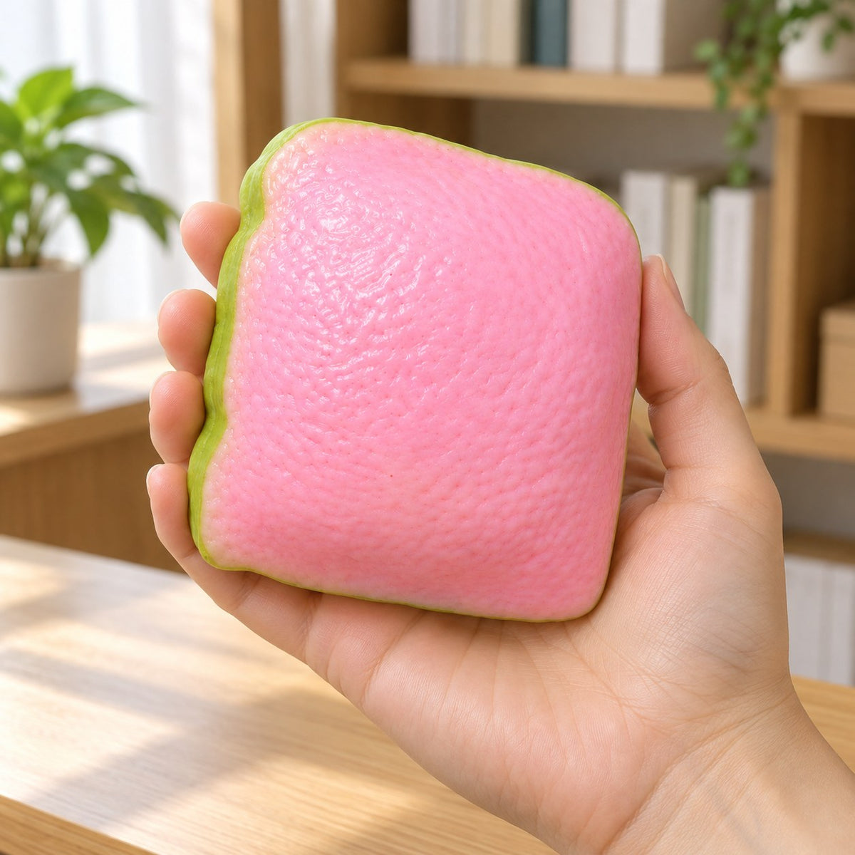 Crunchy Guava Squishy, Pink Slice, held in a hand to show the real size