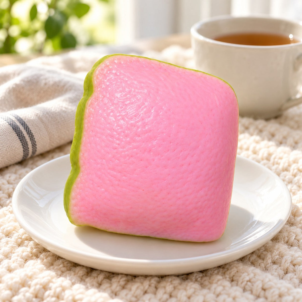 Crunchy Guava Squishy, Pink Slice, on a plate on a breakfast table
