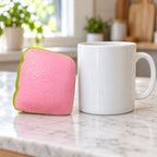 Crunchy Guava Squishy, Pink Slice, next to a coffee mug for size comparison