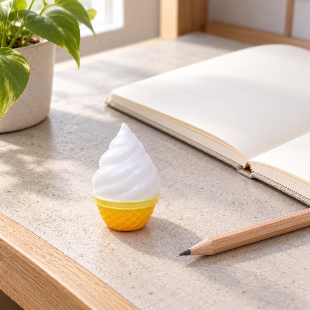 Crunchy Vanilla Ice Cream Squishy, Mini, on a desk with a notebook and pencil