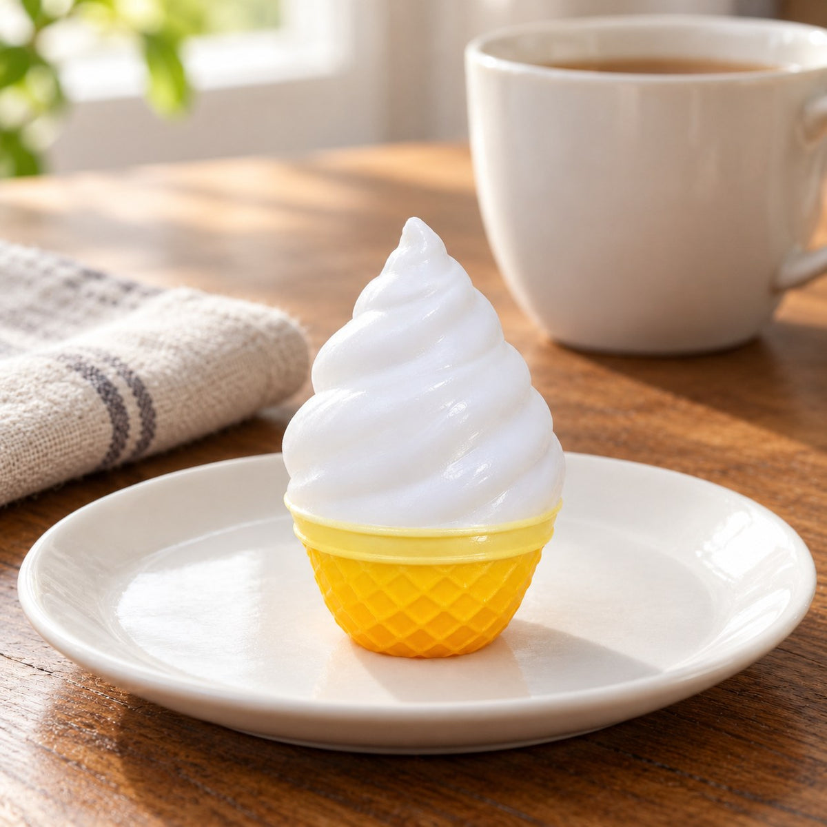 Ice cream squishy mini, on a plate on a breakfast table