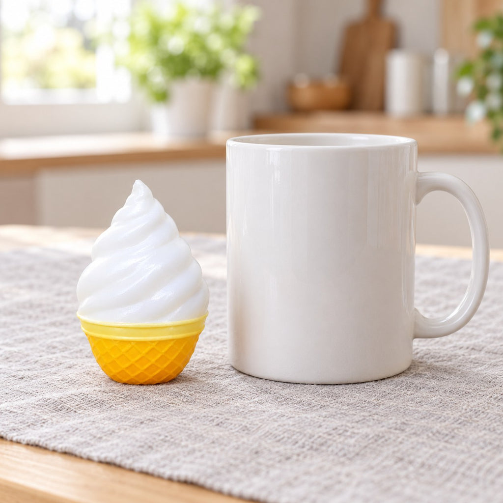Crunchy Vanilla Ice Cream Squishy, Mini, next to a coffee mug for size comparison