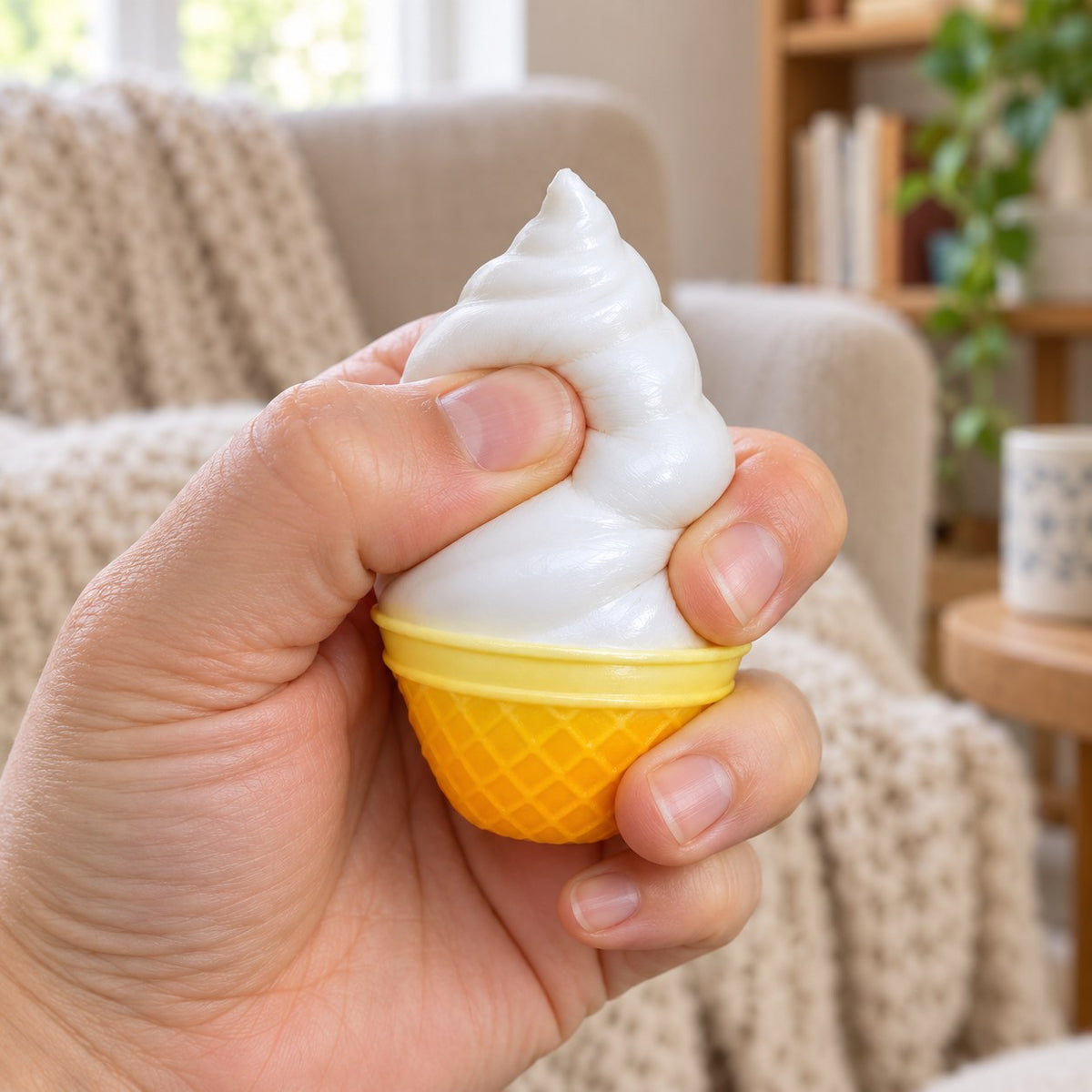 Crunchy Vanilla Ice Cream Squishy, Mini, being squeezed by hand, soft and squishy