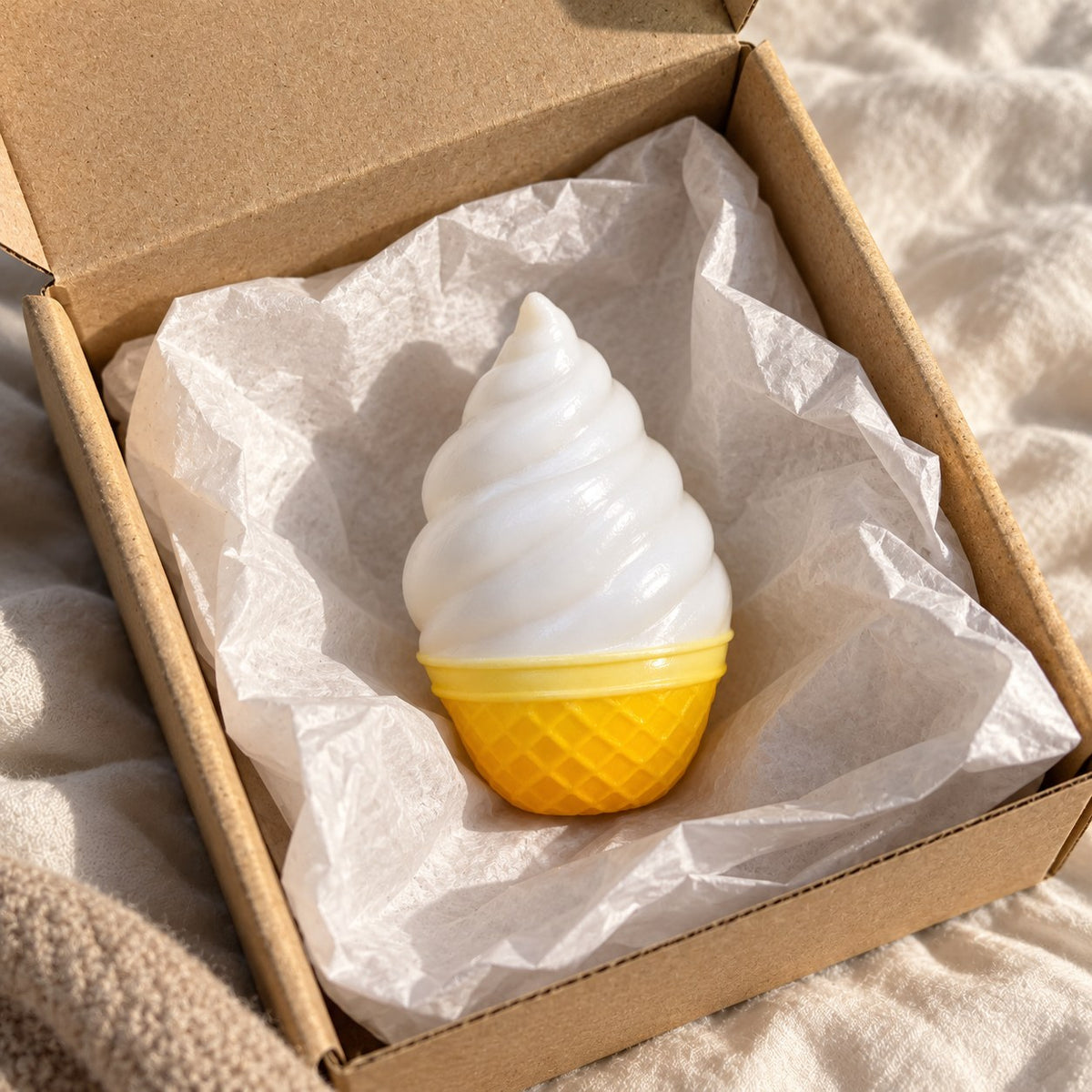 Ice cream squishy crunchy, unboxed from a parcel with tissue paper