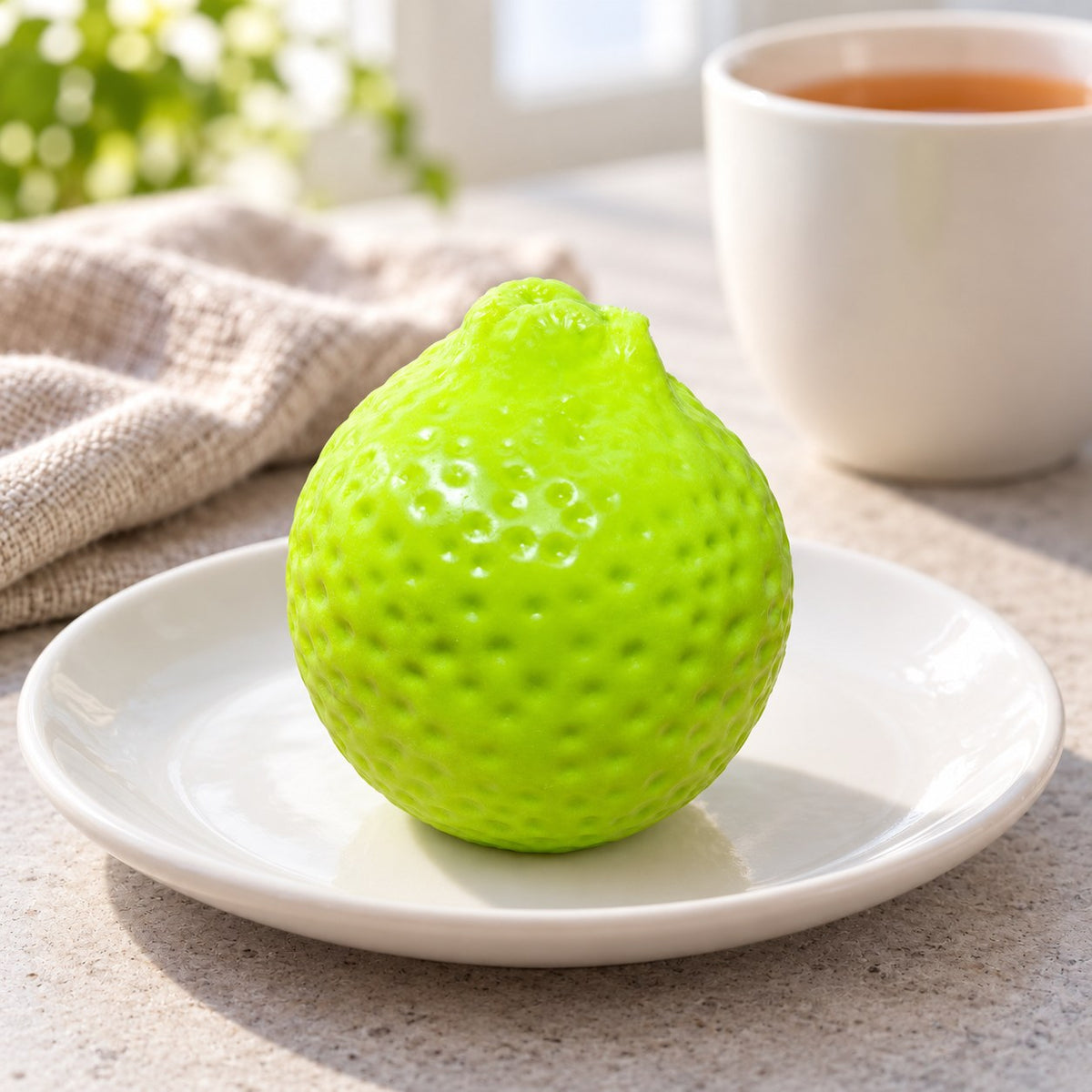 Crunchy Lemon Squishy, Changes Color, on a plate on a breakfast table